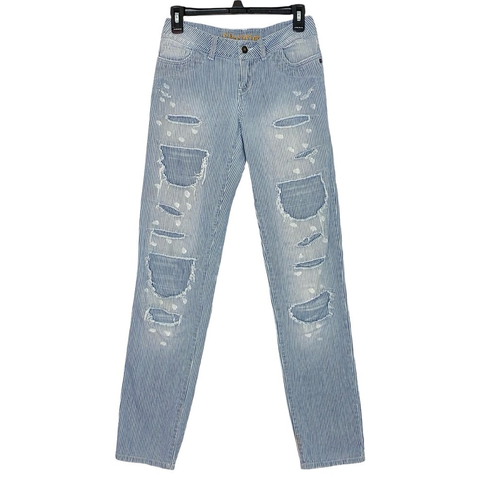 Delias Shane Jeans Womens Size XS 0 Blue Pin Stripe Grunge Distressed Patched